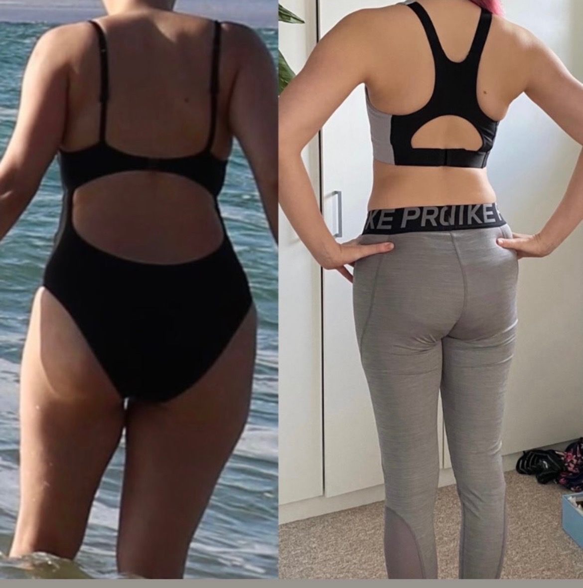 Porównanie sylwetki kobiety przed i po treningu: po lewej w czarnym kostiumie kąpielowym na tle morza, po prawej w sportowym topie i legginsach w pomieszczeniu.
