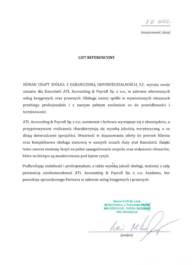 Skan listu referencyjnego wystawionego dla kancelarii ATL Accounting & Payroll Sp. z o.o. przez Human Craft Sp. z o.o., datowany na 7.12.2022, z podpisem i danymi adresowymi wystawcy.
