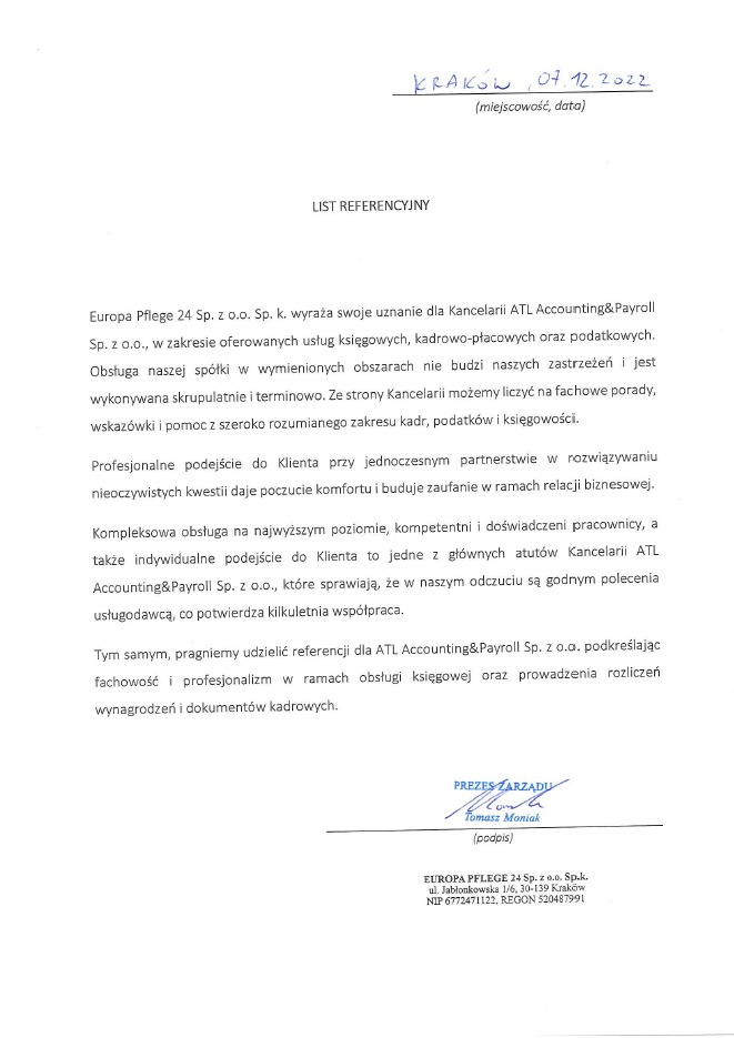 Skan dokumentu referencyjnego dla firmy ATL Accounting&Payroll Sp. z o.o. z datą 07.12.2022, wystawionego przez Europa Pflege 24 Sp. z o.o. z podpisem Prezesa Zarządu Tomasza Moniaka.