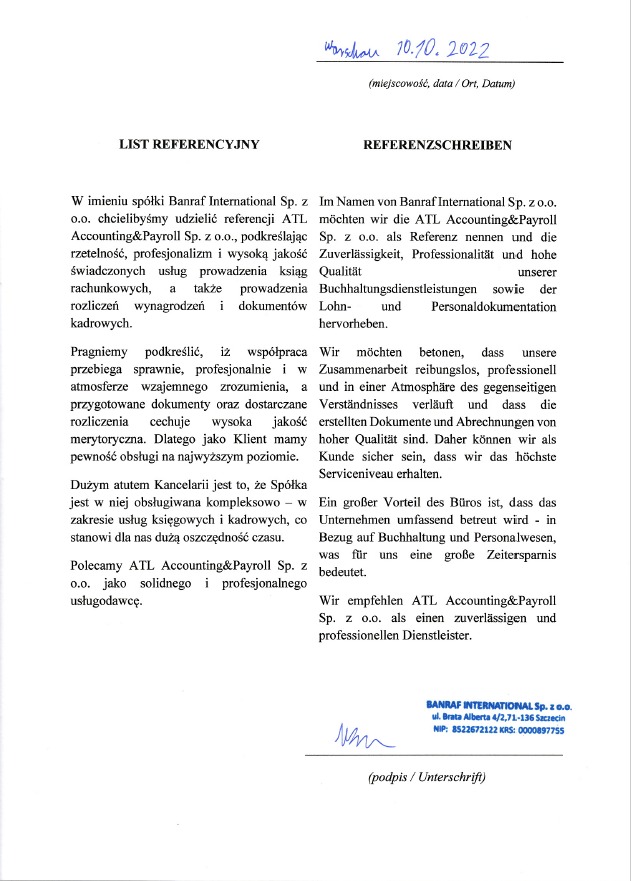 Skan referencji dla firmy ATL Accounting&Payroll Sp. z o.o., wystawionej przez Banraf International Sp. z o.o., z datą 10.10.2022, zawierającej pozytywną opinię o rzetelności, profesjonalizmie...