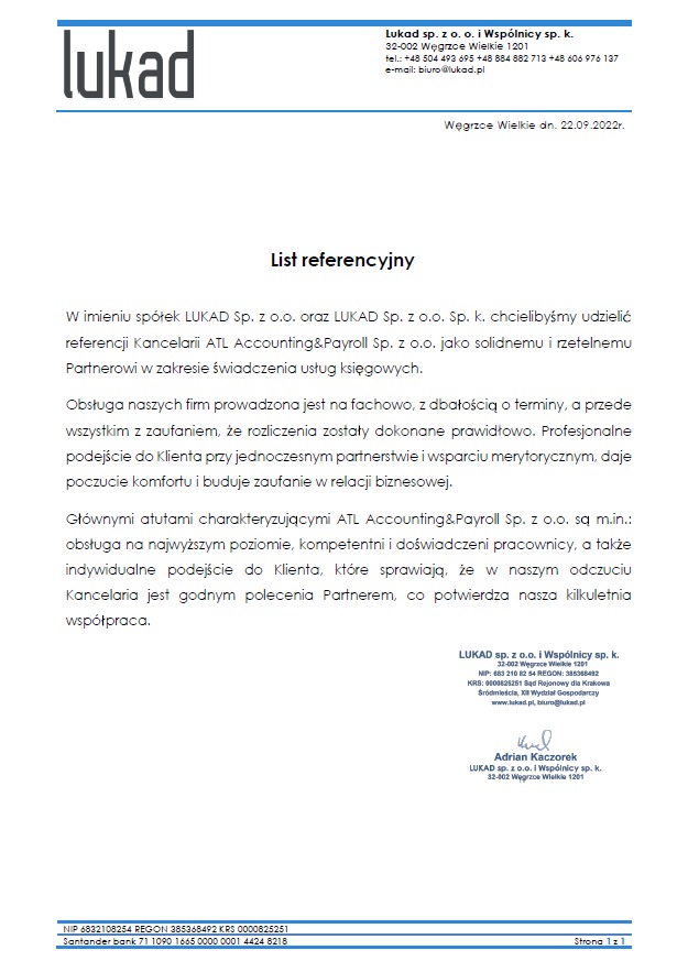 Skan dokumentu: list referencyjny od Lukad sp. z o.o. dla Kancelarii ATL Accounting&Payroll Sp. z o.o., potwierdzający solidną i rzetelną współpracę w zakresie usług księgowych, z podpisem Adriana...