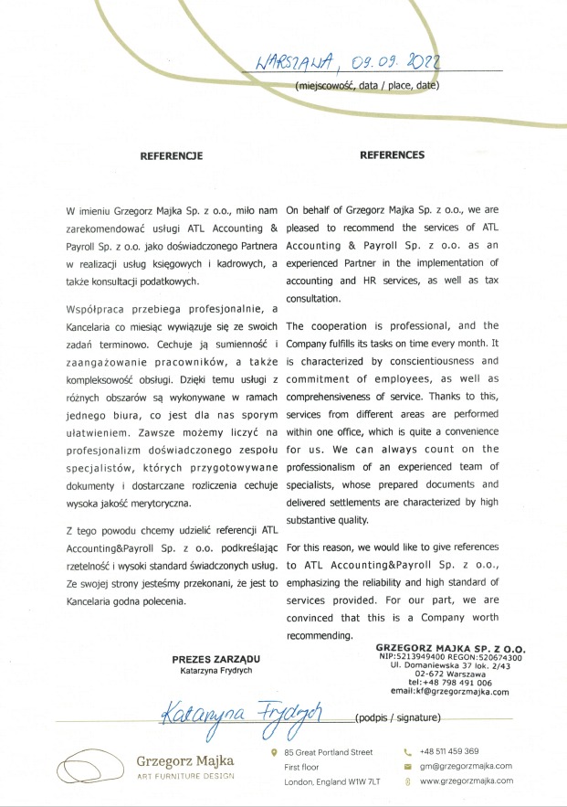 Skan dokumentu referencyjnego dla ATL Accounting & Payroll Sp. z o.o. od Grzegorz Majka Sp. z o.o., z podpisem Prezesa Zarządu Katarzyny Frydrych, datowany na 09.09.2022 w Warszawie, zawierający...