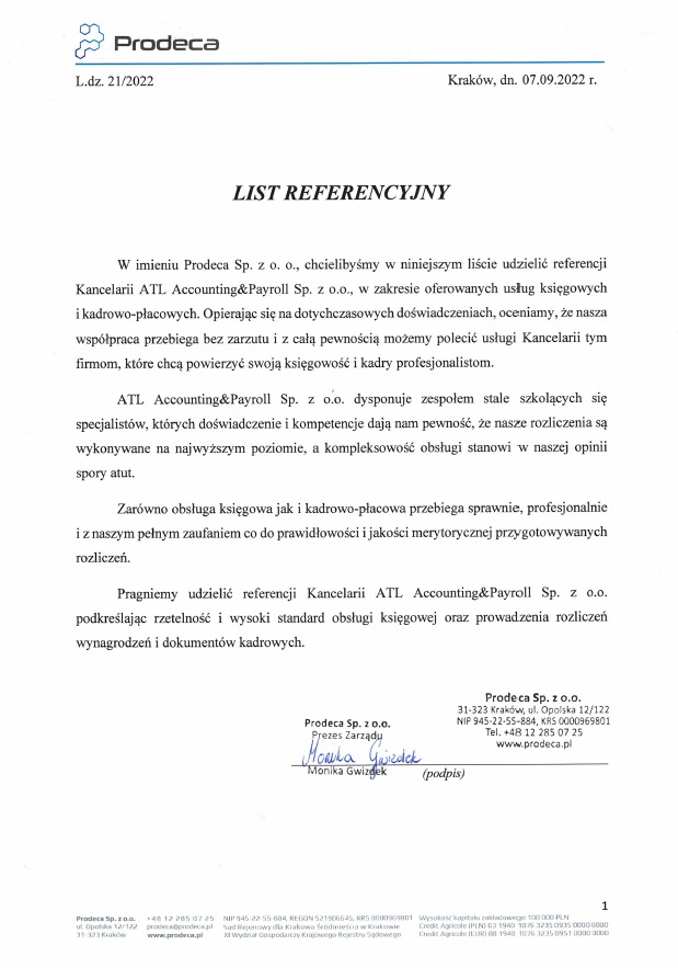 Skan listu referencyjnego dla kancelarii ATL Accounting&Payroll Sp. z o.o. od Prodeca Sp. z o.o., potwierdzający wysoką jakość usług księgowych i kadrowo-płacowych.