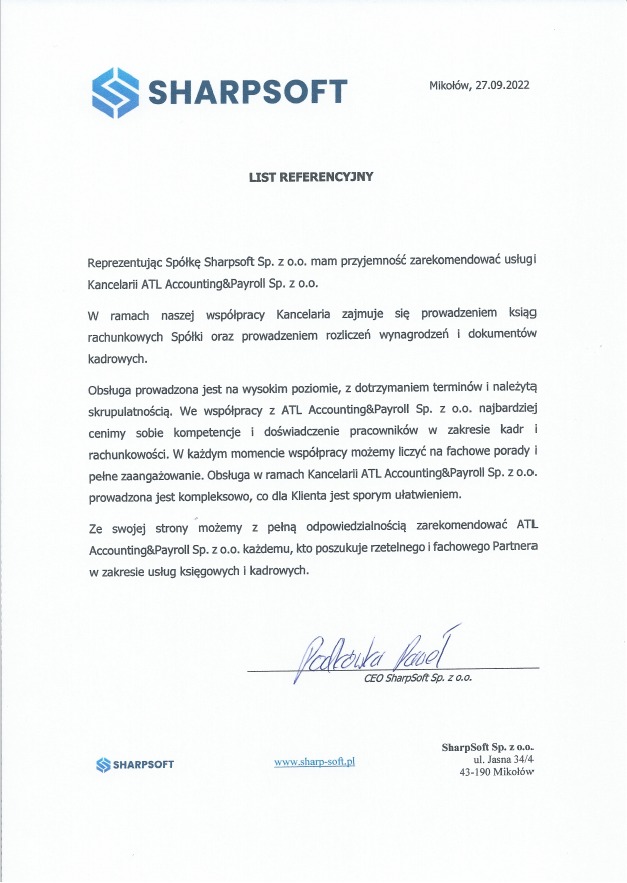 Skan listu referencyjnego dla Kancelarii ATL Accounting&Payroll Sp. z o.o. od Sharpsoft Sp. z o.o. z datą 27.09.2022 i podpisem CEO.
