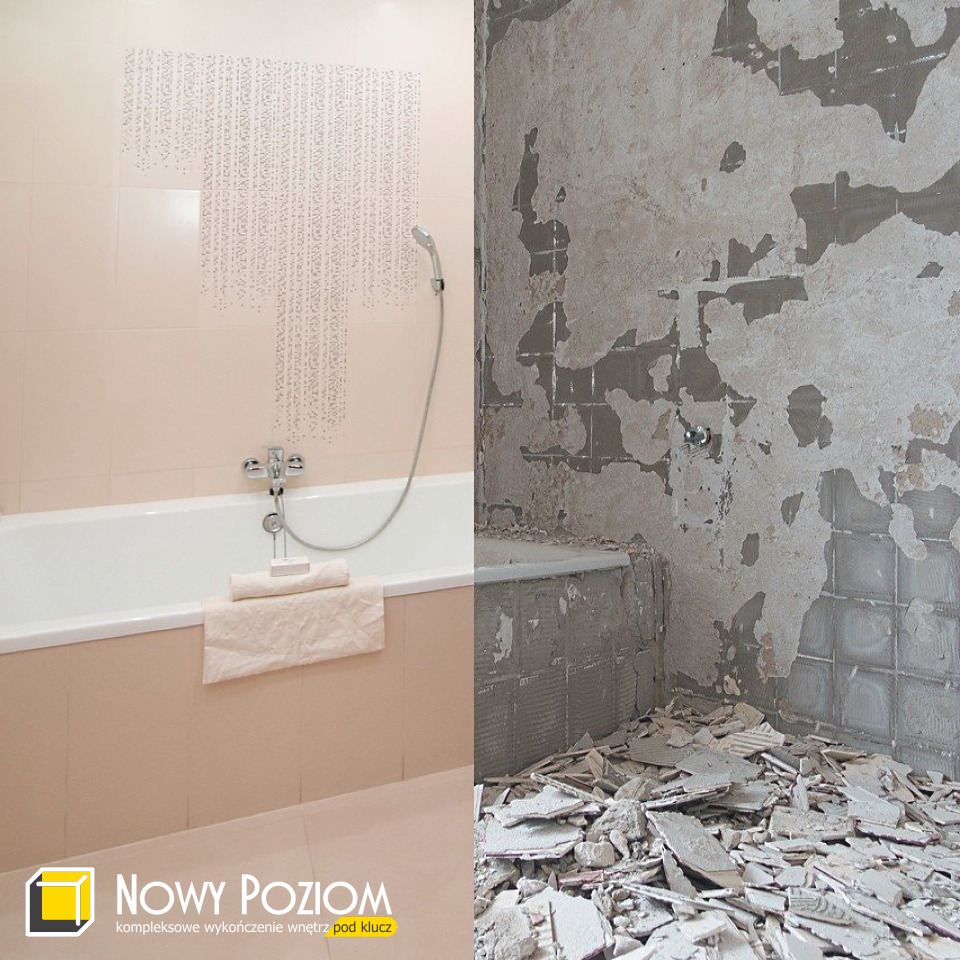 Porównanie łazienki przed i po remoncie: po lewej stronie wyremontowana, jasna łazienka z wanną, beżowymi płytkami i dekoracyjnym wzorem na ścianie, po prawej stronie łazienka w trakcie demontażu...