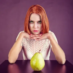 Portret kobiety z rudymi włosami i zielonymi oczami, opierającej brodę na dłoniach, z zieloną gruszką na stole.