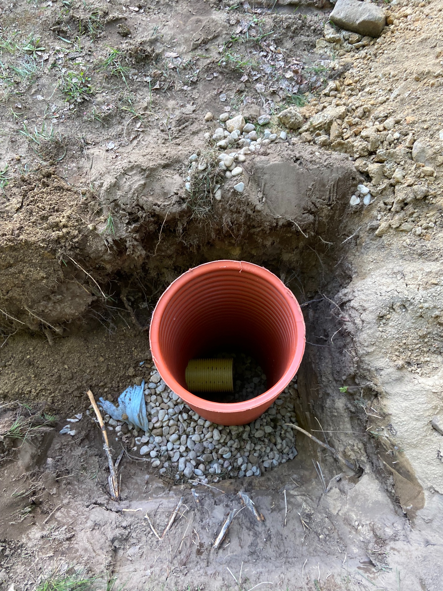 Pomarańczowa rura drenażowa w wykopie, otoczona kamieniami. Wewnątrz widoczna mniejsza, żółta rura. Tło stanowi ziemia i trawa. Specyficzne ułożenie rur.