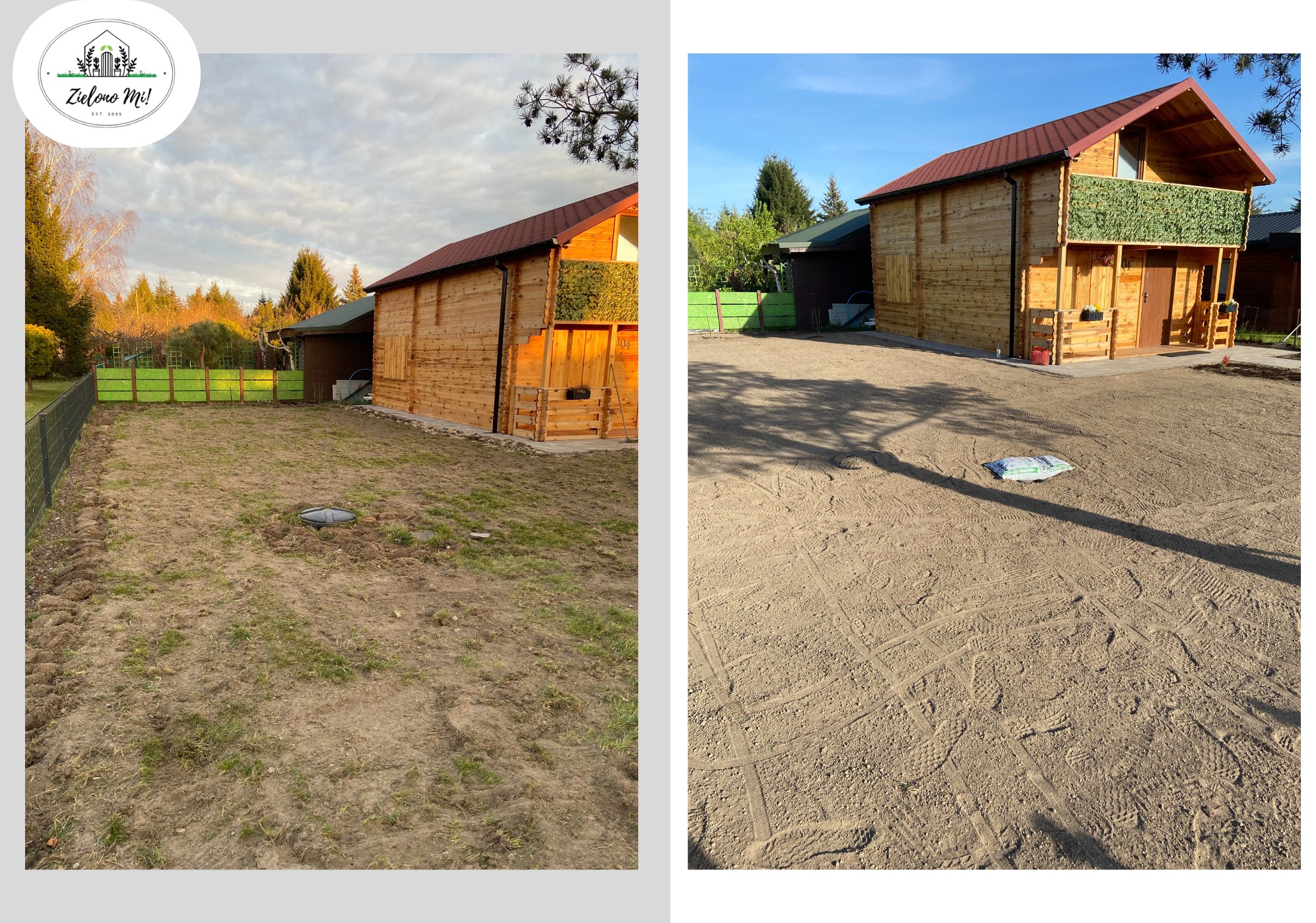 Zdjęcie 'przed i po' niwelacji terenu pod budowę drewnianego domu z zielonym ogrodzeniem. Po prawej stronie wyrównany teren, po lewej - teren przed pracami.