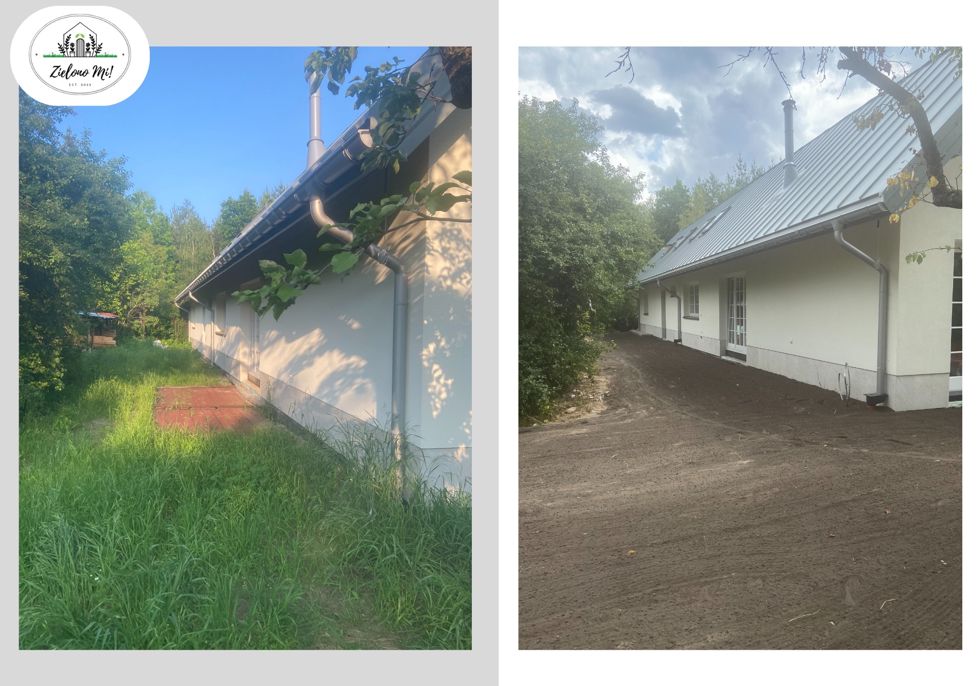 Porównanie stanu działki przed i po: zarośnięta trawa kontra wyrównany teren z nasypaną ziemią wokół budynku z białą elewacją i szarym dachem. Widok z perspektywy ziemi.