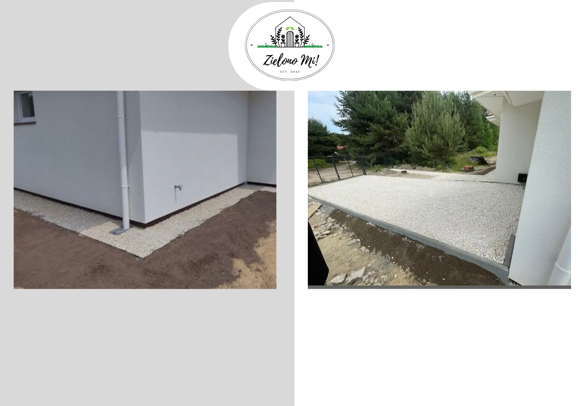 Dwa ujęcia: drenaż z białego żwiru wokół budynku, z widoczną rurą spustową. Po prawej, żwirowa powierzchnia z obrzeżem, otoczona ziemią i zielenią.