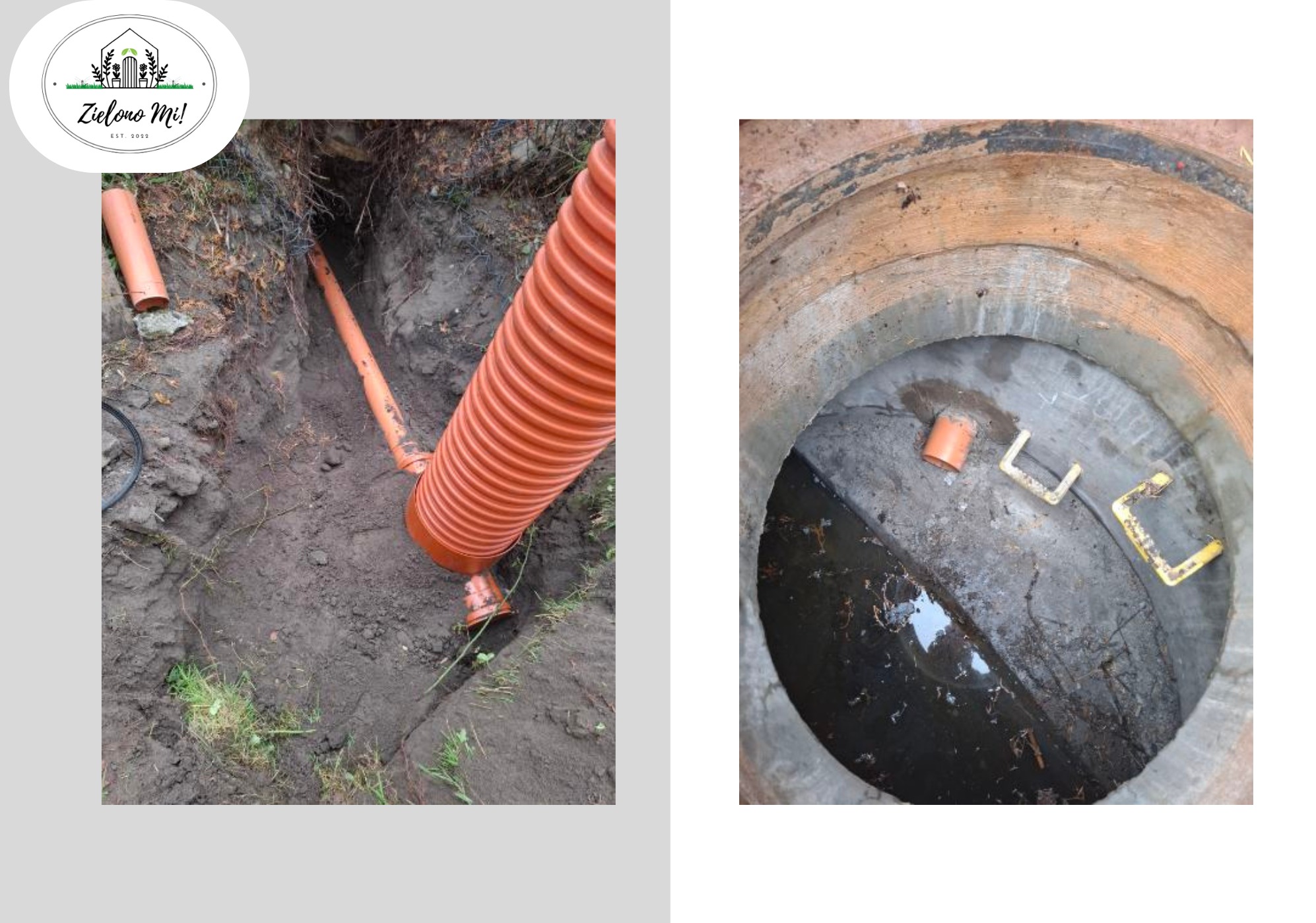 Pomarańczowe rury drenażowe w wykopie ziemnym, prowadzące do betonowego kręgu studni. Instalacja drenażowa w trakcie prac.