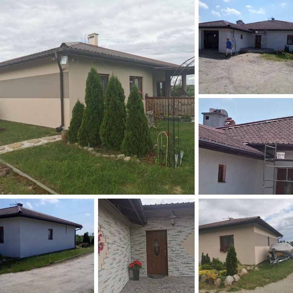 Kompozycja zdjęć domu jednorodzinnego po remoncie elewacji, z widocznym dwukolorowym wykończeniem ścian, schludnym ogrodem i elementami dekoracyjnymi, prezentowana z różnych perspektyw i zbliżeń.