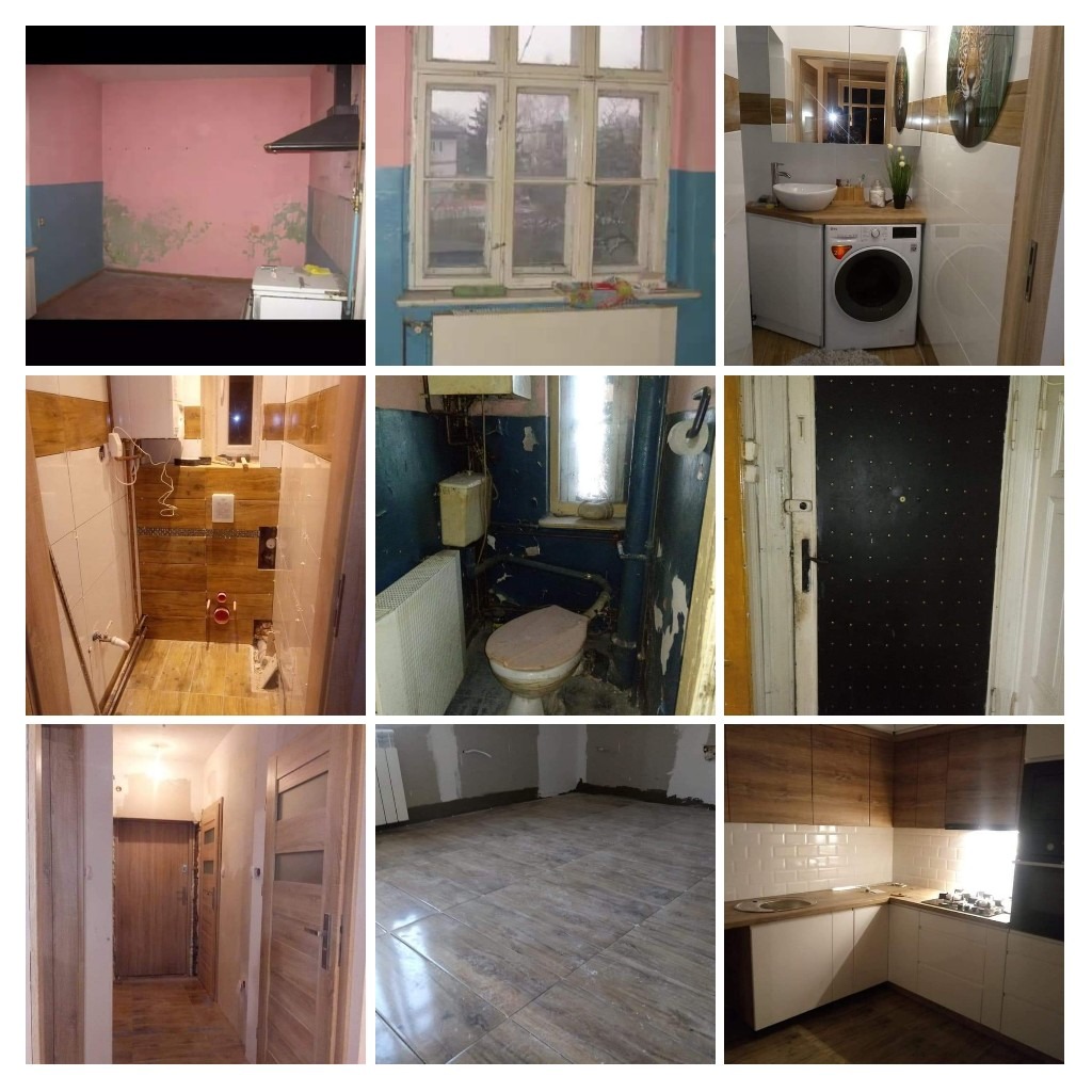 Kolaż zdjęć przedstawiających różne etapy remontu wnętrz: od stanu przed remontem z widocznymi śladami wilgoci i zniszczeń, po odnowione pomieszczenia z nowymi wykończeniami, obejmujące kuchnię...