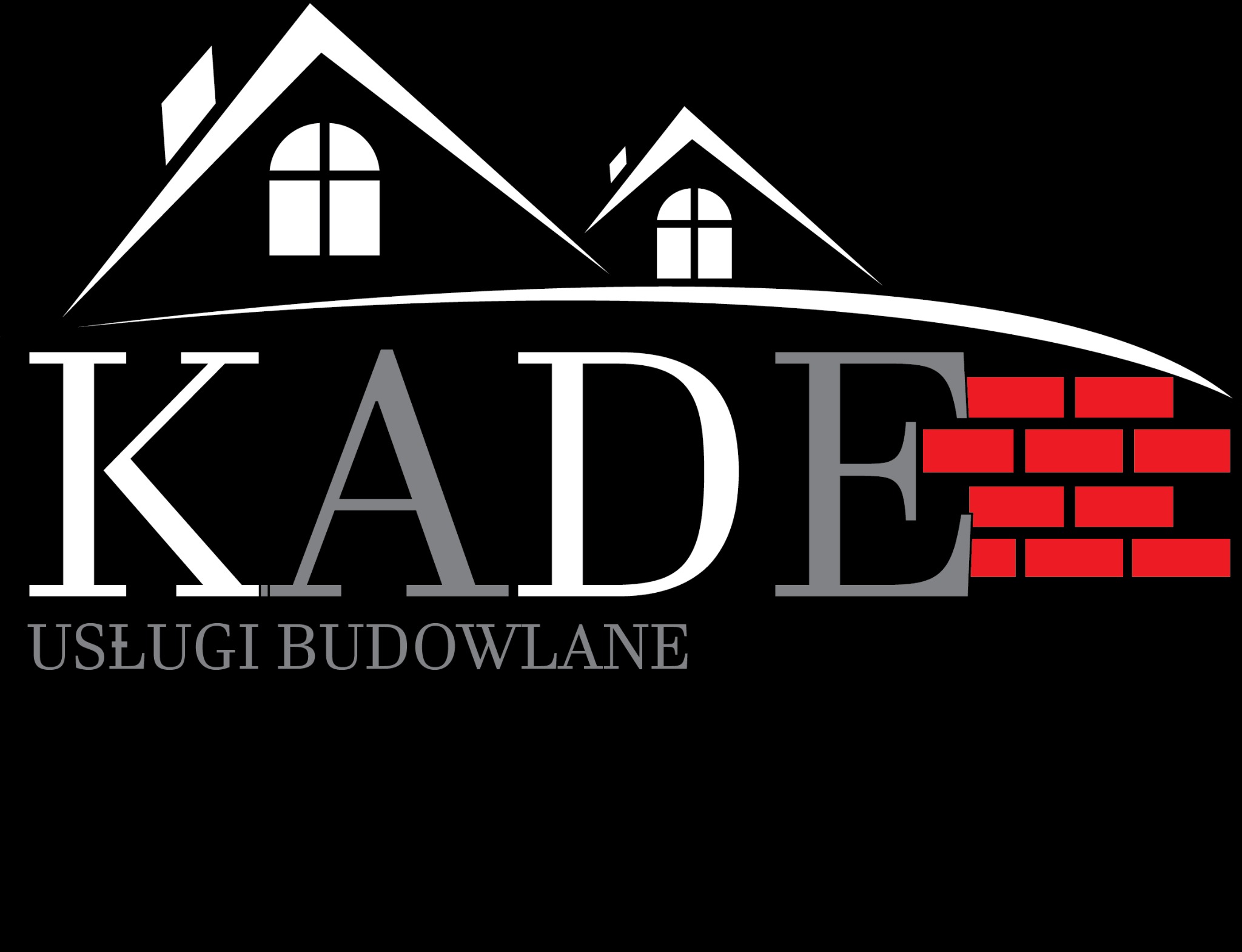 Logo firmy budowlanej KADE z motywem domu i muru ceglanego na czarnym tle.