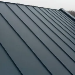 Nowe, metalowe pokrycie dachowe w kolorze grafitowym, z widocznymi pionowymi łączeniami paneli na tle pochmurnego nieba.