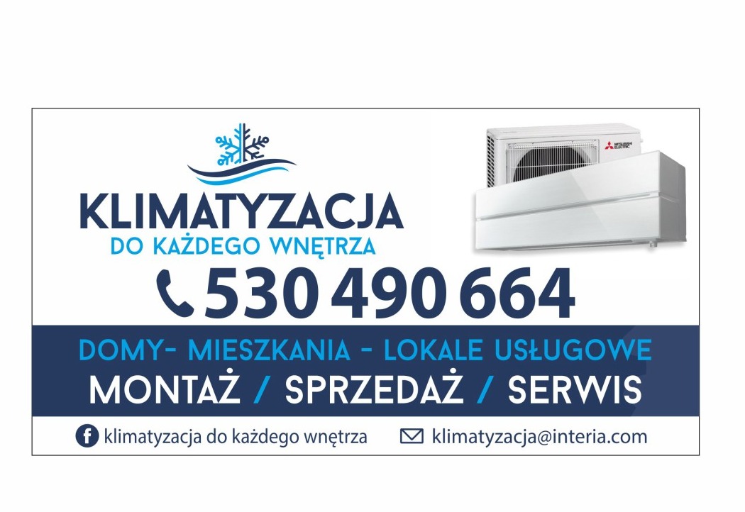 Grafika reklamowa firmy oferującej klimatyzację do domów, mieszkań i lokali usługowych, prezentująca numer telefonu, adres e-mail oraz klimatyzator Mitsubishi.