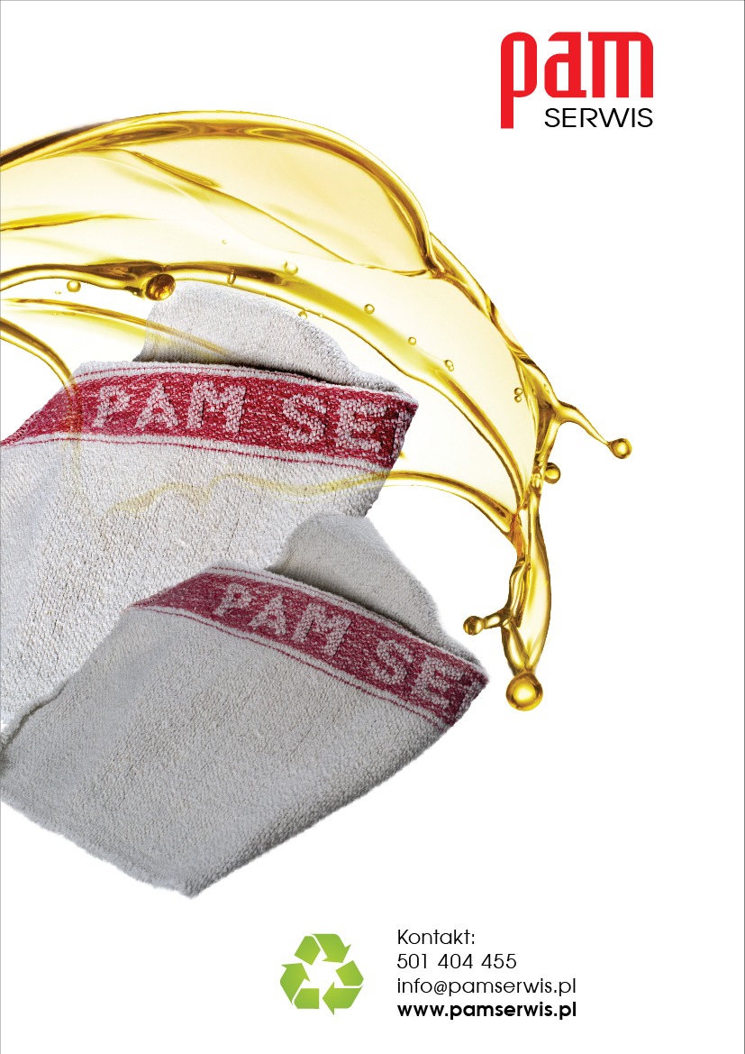 Reklamowe ujęcie dwóch złożonych, białych ściereczek z czerwonym paskiem i napisem 'PAM SERWIS', oblanych złotym płynem, na białym tle z logo i danymi kontaktowymi firmy.