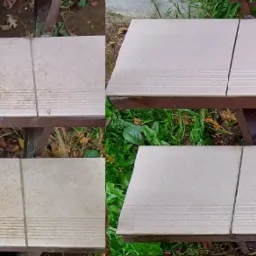 Porównanie: ławka z ceramicznych płytek przed i po czyszczeniu, widoczne usunięcie zabrudzeń i mchu.