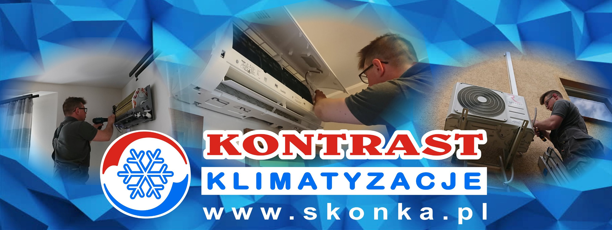 Montaż klimatyzacji: instalacja jednostki wewnętrznej i zewnętrznej, serwisant z wkrętarką, logo firmy w tle.