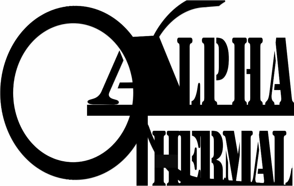 Czarno-białe logo firmy Alpha Thermal z elementami graficznymi przypominającymi rurę i literę A.