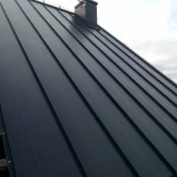 Nowoczesny, ciemnoszary dach z blachy na rąbek stojący, z widocznym kominem i anteną, sfotografowany pod kątem w pochmurny dzień.