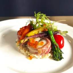 Elegancko podane danie: ryba zawinięta w bekon na risotto, udekorowana kolorowymi warzywami, kawiorem i zieleniną na białym talerzu.