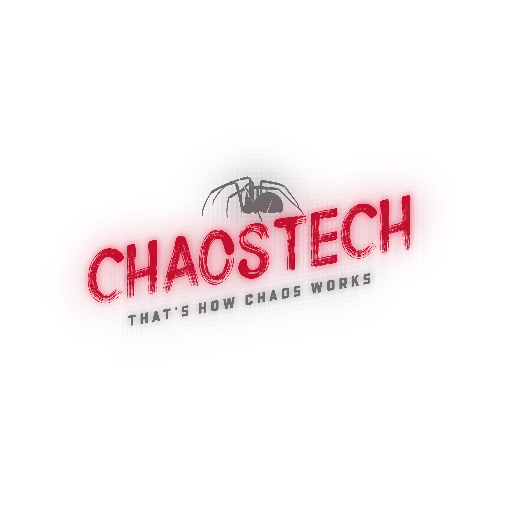 Logo firmy CHAOS TECH z grafiką pająka, wykonane w czerwonej kolorystyce z efektem neonu i hasłem „THAT’S HOW CHAOS WORKS” na białym tle.