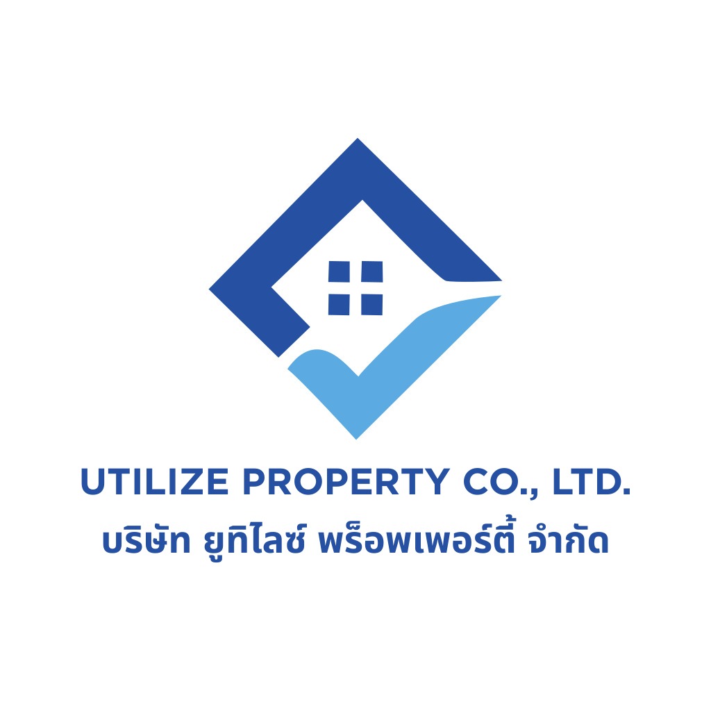 Niebieski logotyp firmy Utilize Property Co., Ltd. z motywem domu i znaku akceptacji, nazwa firmy w języku angielskim i tajskim, na białym tle.