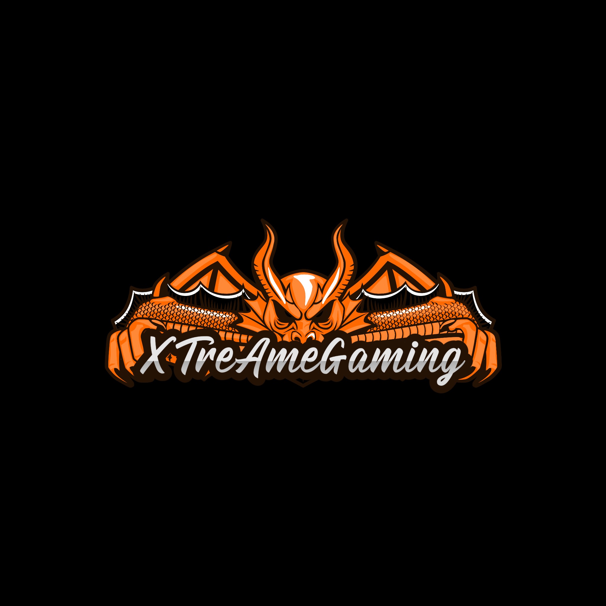 Gamingowe logo z pomarańczowym smokiem i napisem 'XTreAmeGaming' na czarnym tle. Dynamiczny, nowoczesny design dla branży gier.