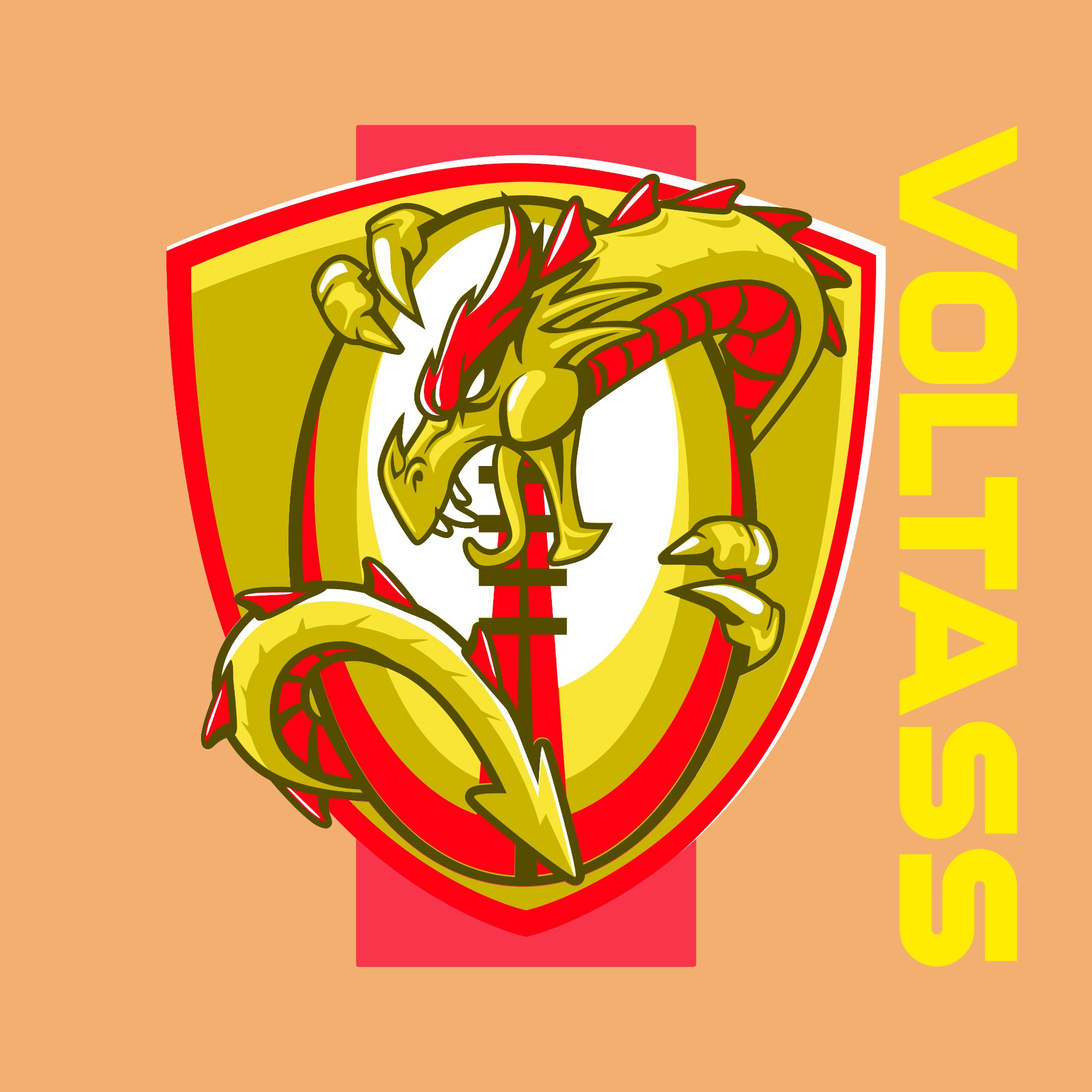 Żółto-czerwony, stylizowany smok w tarczy na beżowym tle z żółtym napisem 'VOLTASS' po prawej stronie. Grafika w stylu logo.