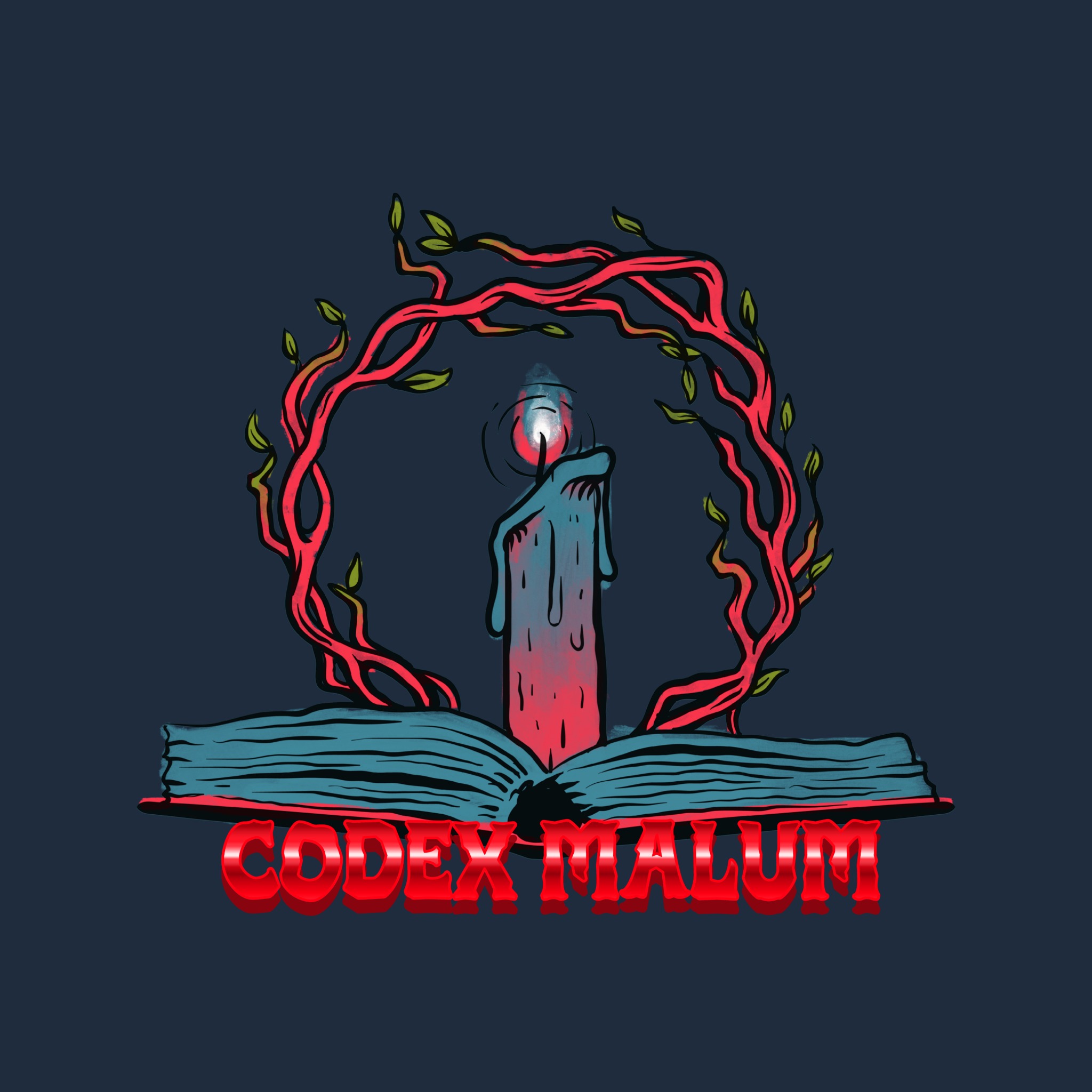 Ilustracja: Otwarta księga z płonącą świecą otoczoną pnączami, napis 'Codex Malum' u dołu, na ciemnym tle. Grafika w stylu fantasy.