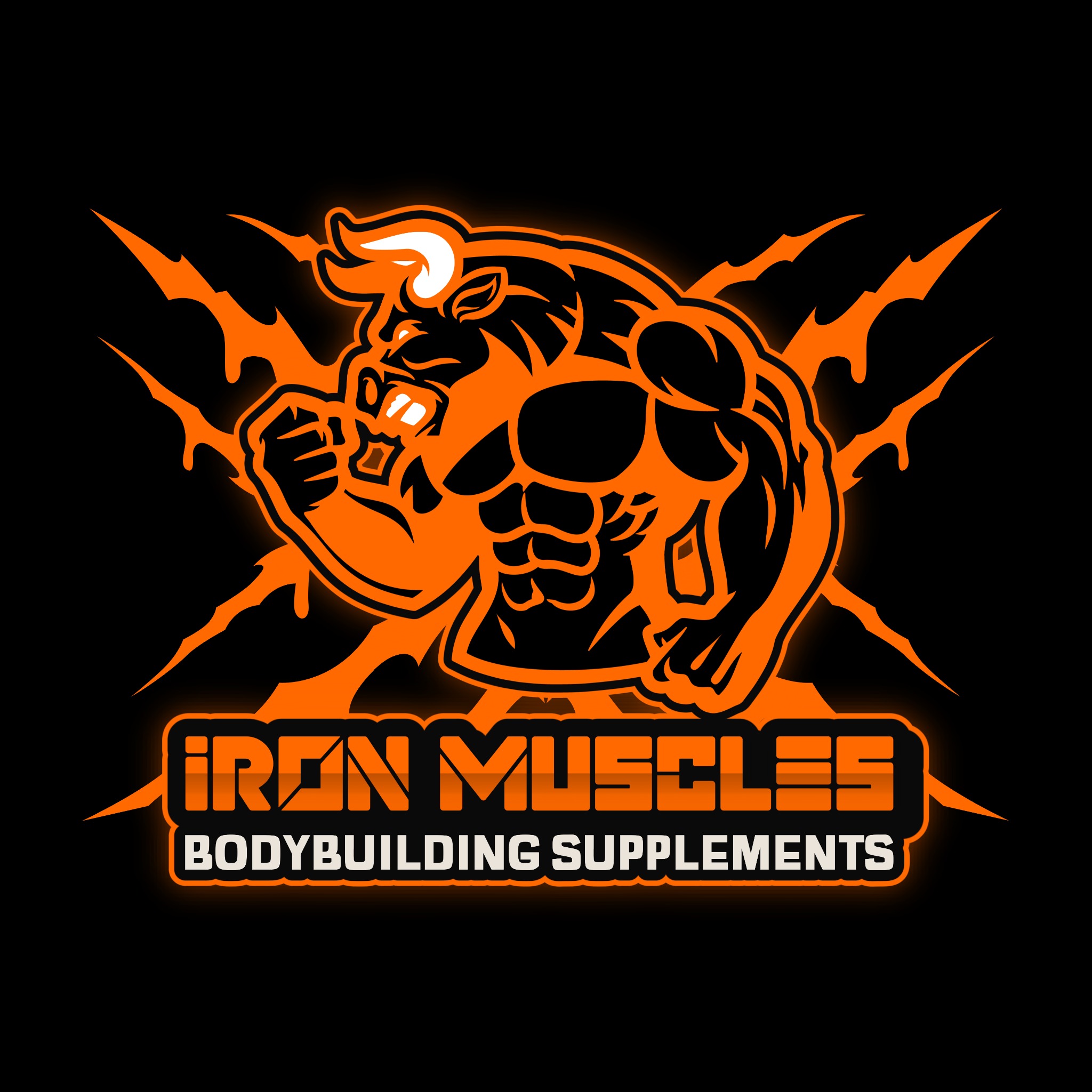 Grafika logo 'Iron Muscles': muskularny byk w czerni i pomarańczy, otoczony promieniami. Pod spodem napis 'Bodybuilding Supplements'.