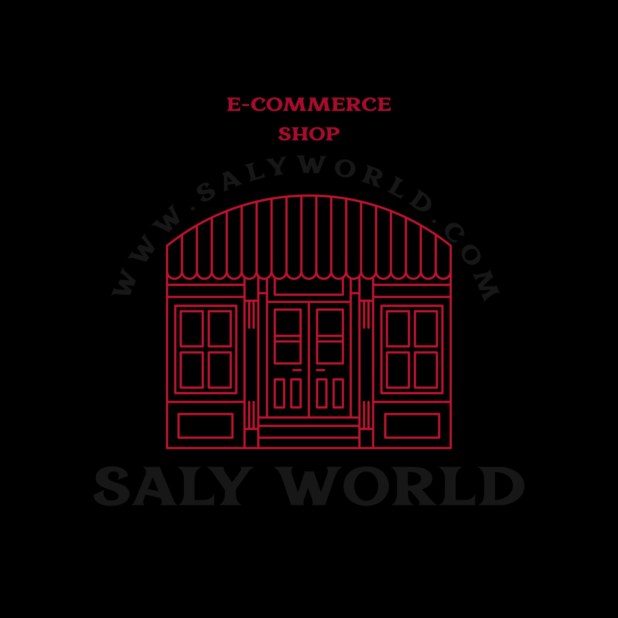 Grafika liniowa czerwonego sklepu e-commerce na czarnym tle z adresem strony. Minimalistyczny projekt logo dla sklepu internetowego Saly World.