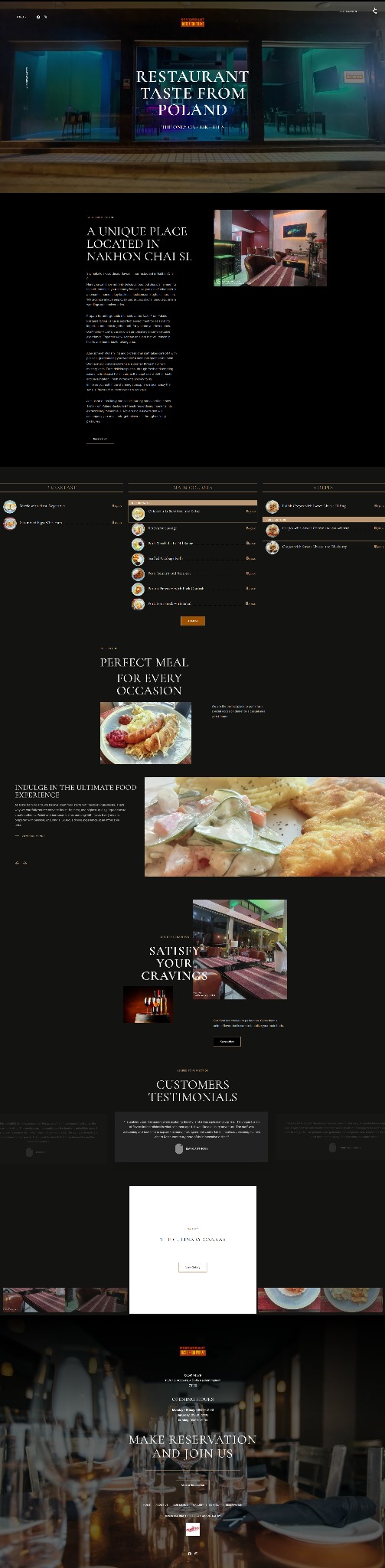 Zrzut ekranu strony internetowej restauracji 'Restaurant Taste From Poland', prezentujący jej wygląd, menu, opinie klientów i dane kontaktowe.