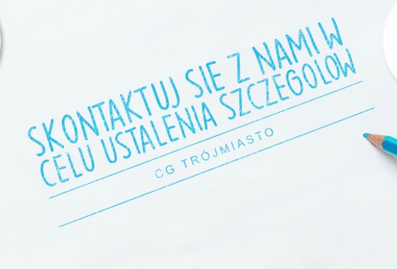 Niebieski napis 'Skontaktuj się z nami w celu ustalenia szczegółów CG Trójmiasto' na białym tle, z niebieskim ołówkiem w prawym dolnym rogu.