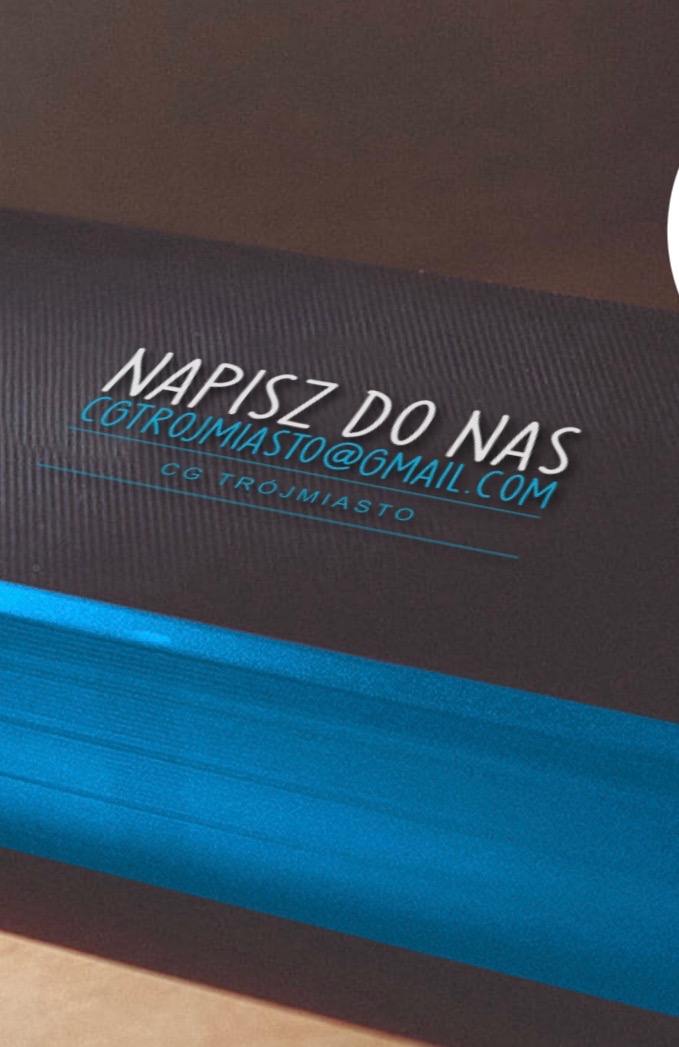 Wizytówka z tekstem 'Napisz do nas' i adresem email cgtrojmiasto@gmail.com na ciemnym teksturowanym tle z niebieskim akcentem.
