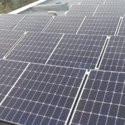 Panele fotowoltaiczne zamontowane na płaskim dachu, widoczne połączenia między panelami, tło z zielenią drzew.