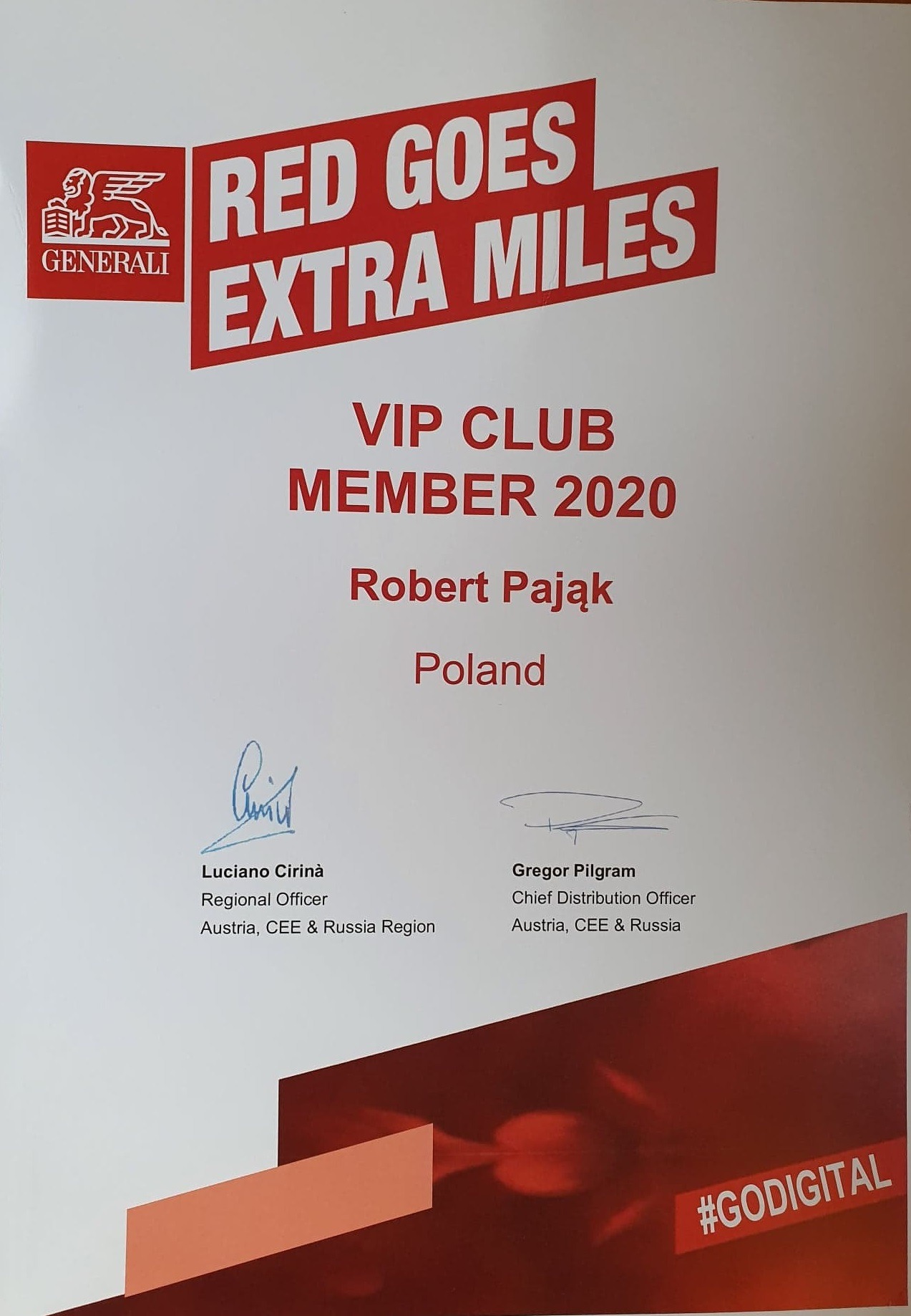 Certyfikat, potwierdzający status jednego z najlepszych doradców ubezpieczeniowych Generali w Europie.