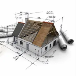 Wizualizacja 3D domu jednorodzinnego w trakcie budowy, z widoczną konstrukcją dachu i szkicami wymiarów na planach architektonicznych.