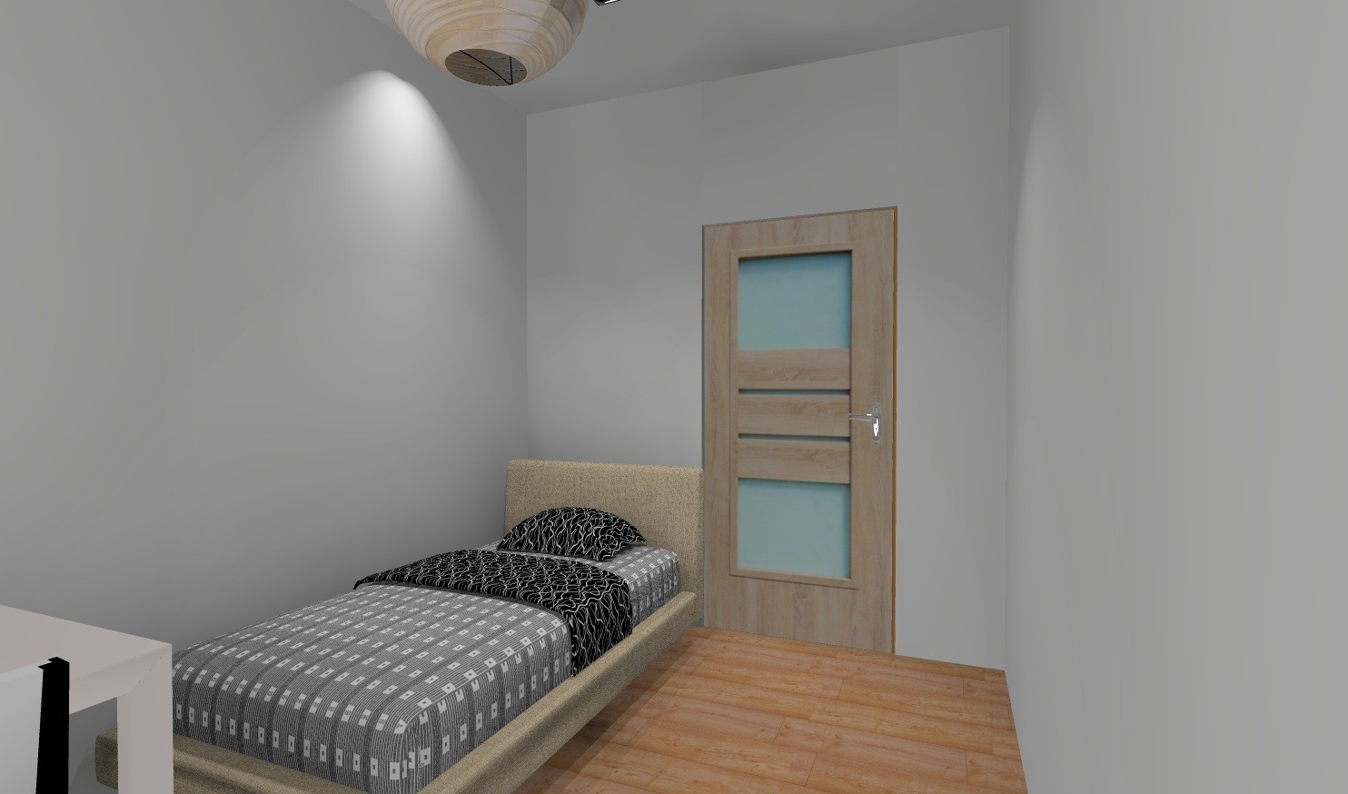 Wizualizacja małej sypialni z pojedynczym łóżkiem, drewnianą podłogą i drzwiami z przeszkleniami, oświetlona lampą sufitową z drewnianymi elementami.