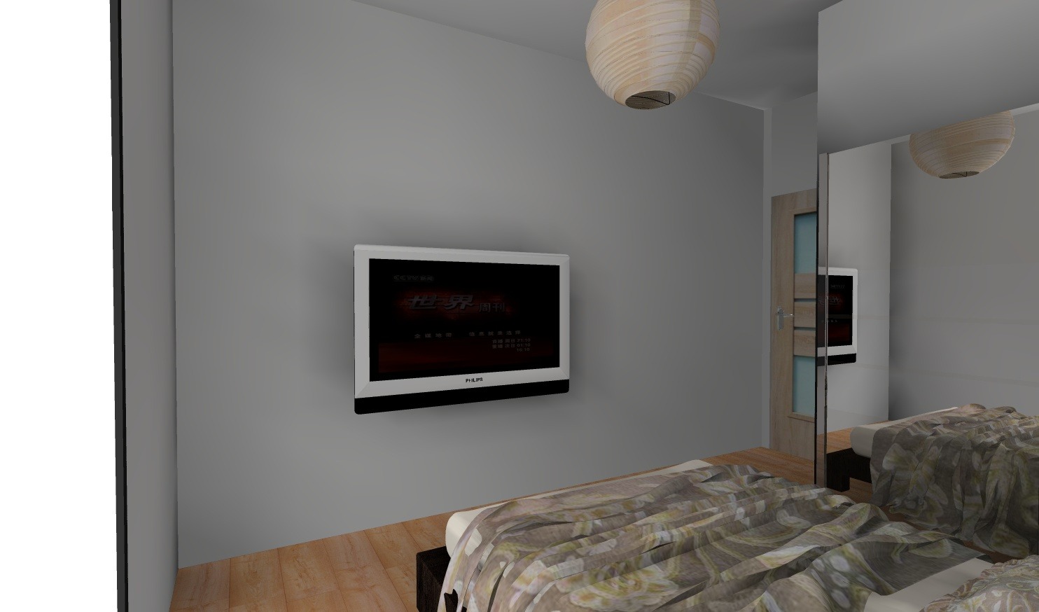Wnętrze sypialni z telewizorem Philips na ścianie, widok na łóżko z wzorzystą narzutą i lampę w stylu japońskim.