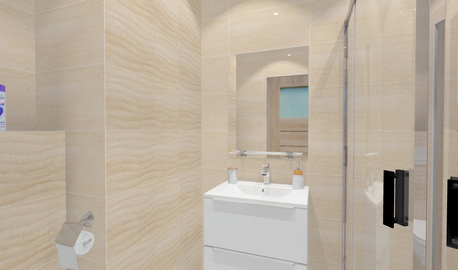 Biała szafka umywalkowa z baterią i akcesoriami na tle beżowych płytek imitujących trawertyn, widok na kabinę prysznicową ze szklanymi drzwiami.