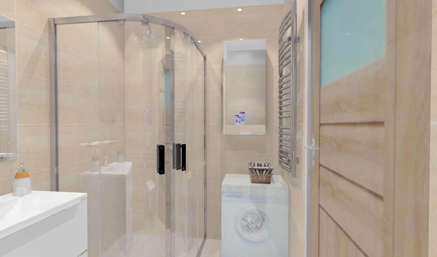 Jasna łazienka z kabiną prysznicową, umywalką z szafką, pralką z koszykiem na wierzchu, grzejnikiem drabinkowym i lustrem z półką.