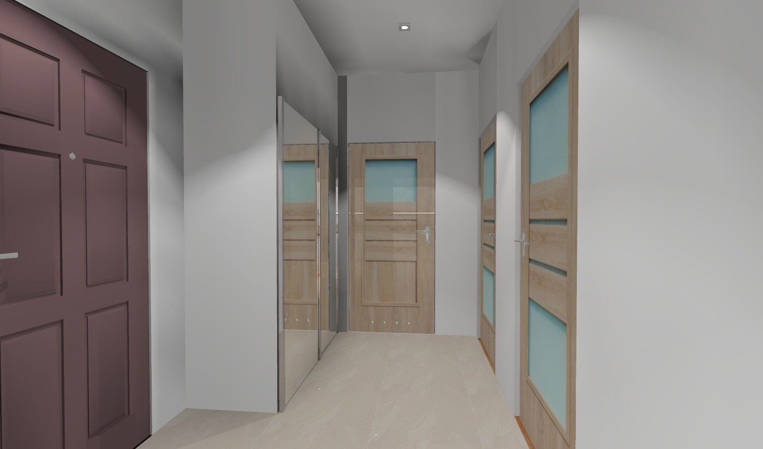 Wnętrze korytarza z trzema drzwiami w różnych odcieniach brązu, z czego jedne z przeszkleniami, oraz lustrem w zabudowie.