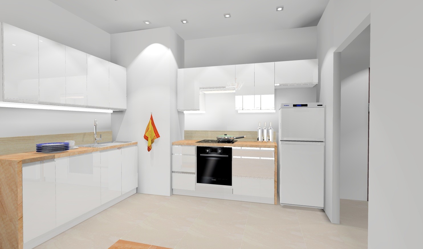 Wizualizacja nowoczesnej kuchni z białymi, błyszczącymi szafkami, drewnianym blatem, płytą indukcyjną, piekarnikiem Bosch i lodówką Siemens. Na blacie stoją trzy butelki i patelnia. Na ścianie wisi...