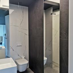 AD-BUD LENA DUB - Nowoczesna łazienka z białymi płytkami imitującymi marmur i ciemnoszarymi płytkami, wisząca miska WC z podwójnym przyciskiem spłukującym, biała umywalka nablatowa, szara podłoga i oświetlenie...