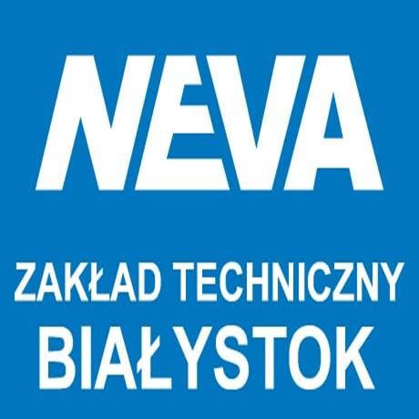 Logo firmy NEVA Zakład Techniczny Białystok na błękitnym tle, białe litery, prosty krój pisma.