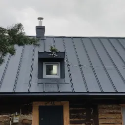 Szary, metalowy dach z oknem dachowym ozdobionym gałązką, komin z metalowym daszkiem, widoczny fragment drewnianego domu i gałąź drzewa na tle pochmurnego nieba.