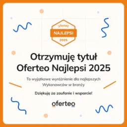 Grafika z informacją o otrzymaniu tytułu Oferteo Najlepsi 2025, z logo Oferteo i dekoracyjnymi elementami w kolorach pomarańczowym i niebieskim.