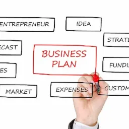 Schemat z ręcznie rysowanym diagramem, w centrum czerwony kwadrat z napisem 'Business Plan', otoczony czarnymi prostokątami z hasłami: Entrepreneur, Idea, Strategy, Funding, Customer, Expenses...